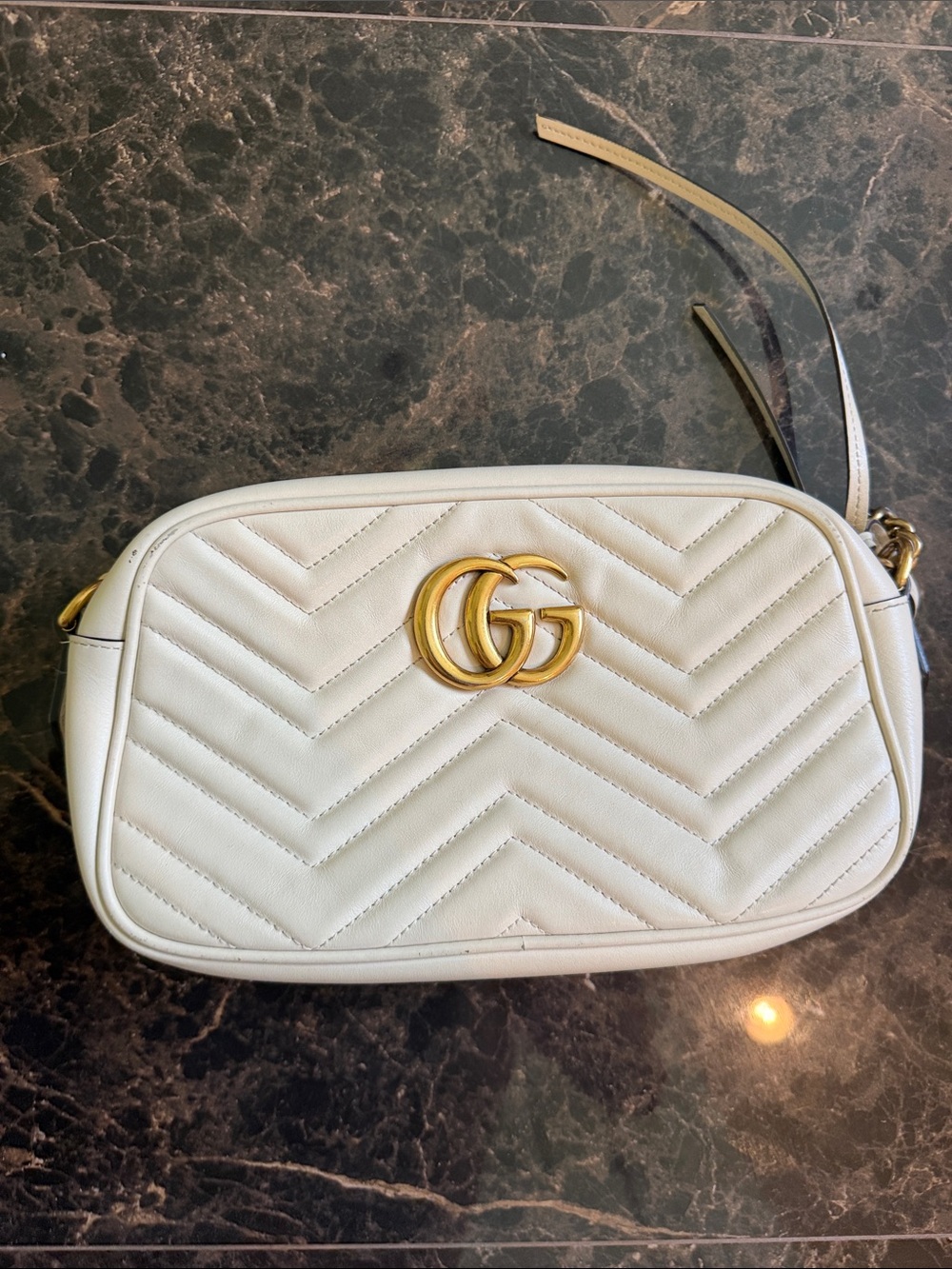 Gucci White Quilted Leather GG Marmont Crossbody with Gold Hardware